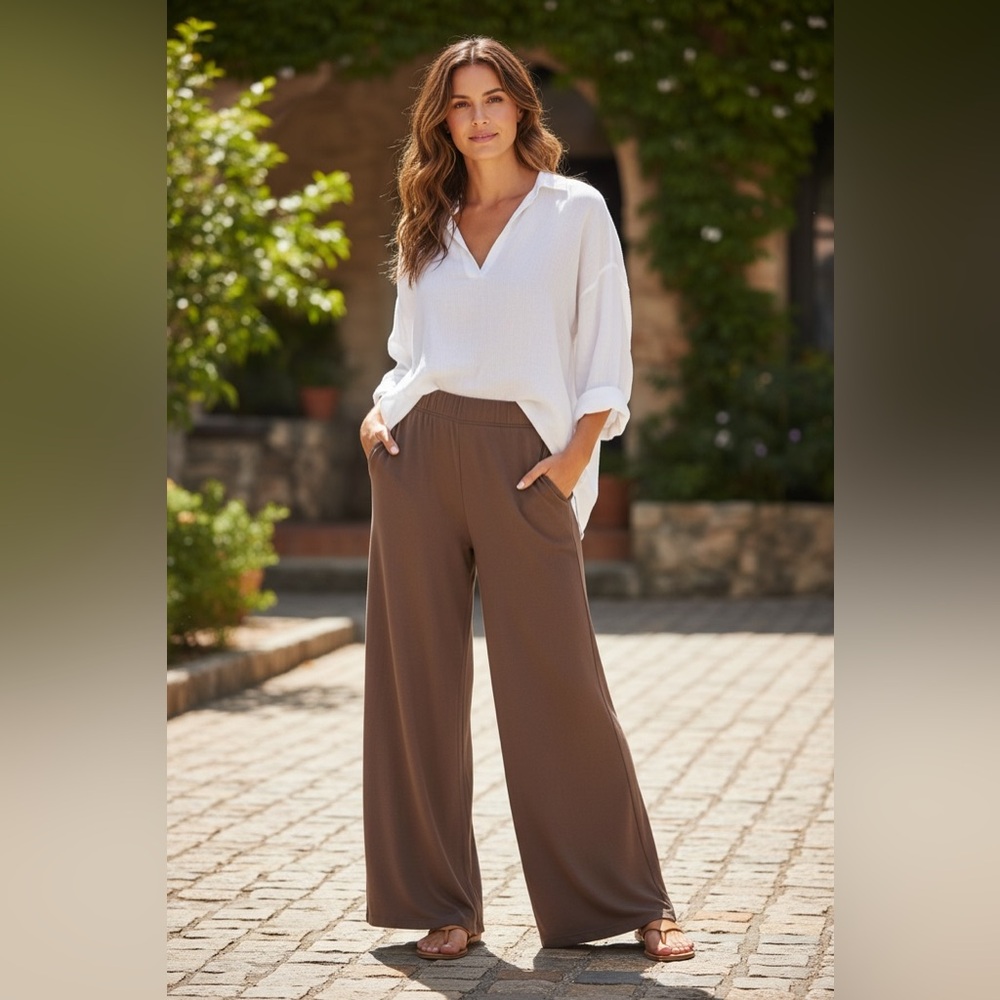 NEW•CREME DE LA CREME CURVY CAPPUCCINO WIDE LEG PANTS W/ POCKETS-XL-2X